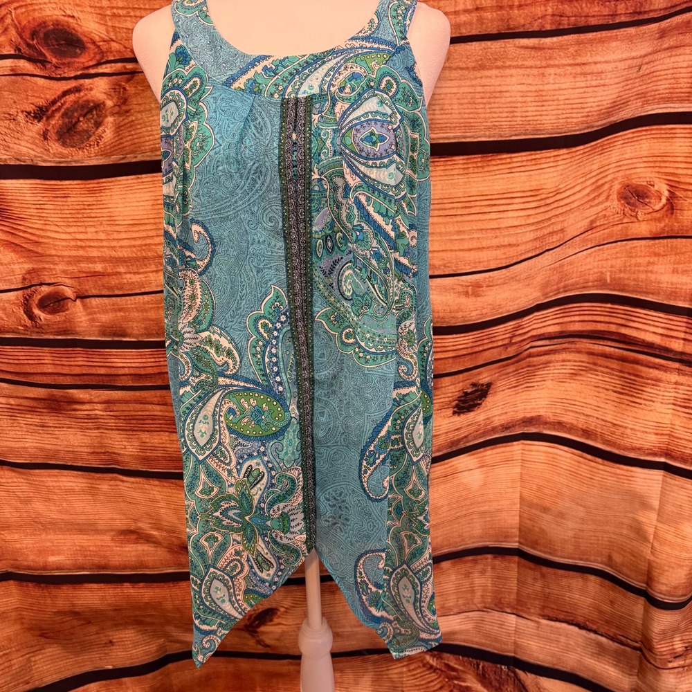 Roz & Ali Womens Teal Blue Paisley Jeweled Boho Indie Sleeveless Top Size M
